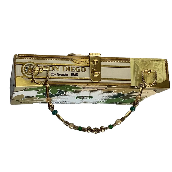 BRITTANY JEAN Y2K Handmade Upcycled Green Gold Floral Cigar Box Purse Retro - Picture 6 of 16